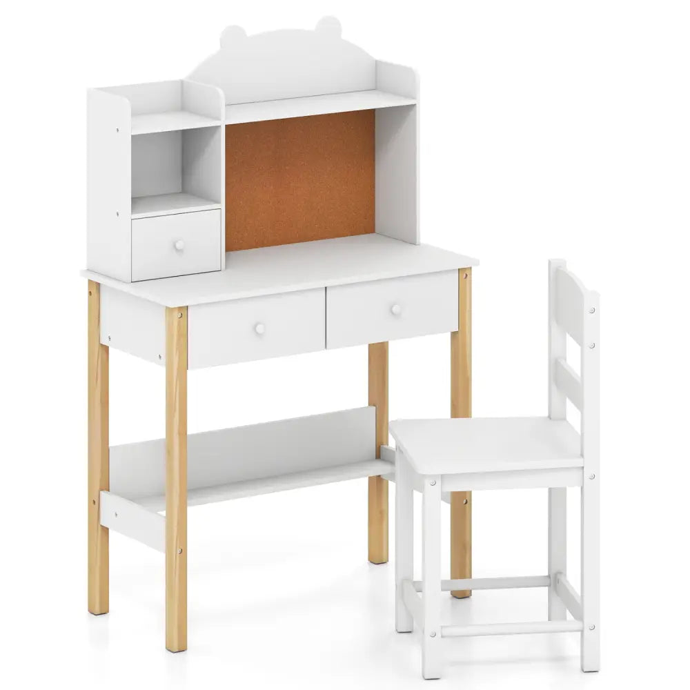 Kids Desk and Chair Set with Hutch Bulletin Board and Drawers-White - White - Kids Table & Chair Sets
