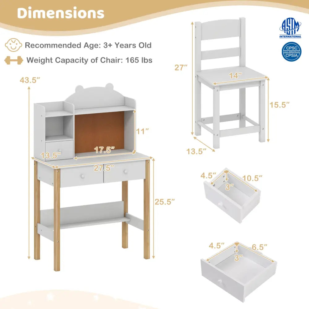 Kids Desk and Chair Set with Hutch Bulletin Board and Drawers-White - White - Kids Table & Chair Sets