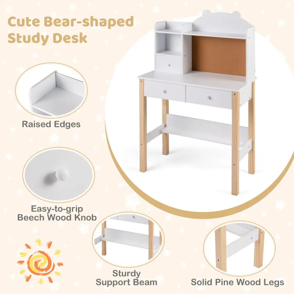 Kids Desk and Chair Set with Hutch Bulletin Board and Drawers-White - White - Kids Table & Chair Sets