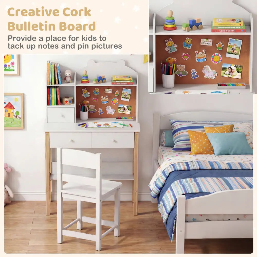 Kids Desk and Chair Set with Hutch Bulletin Board and Drawers-White - White - Kids Table & Chair Sets