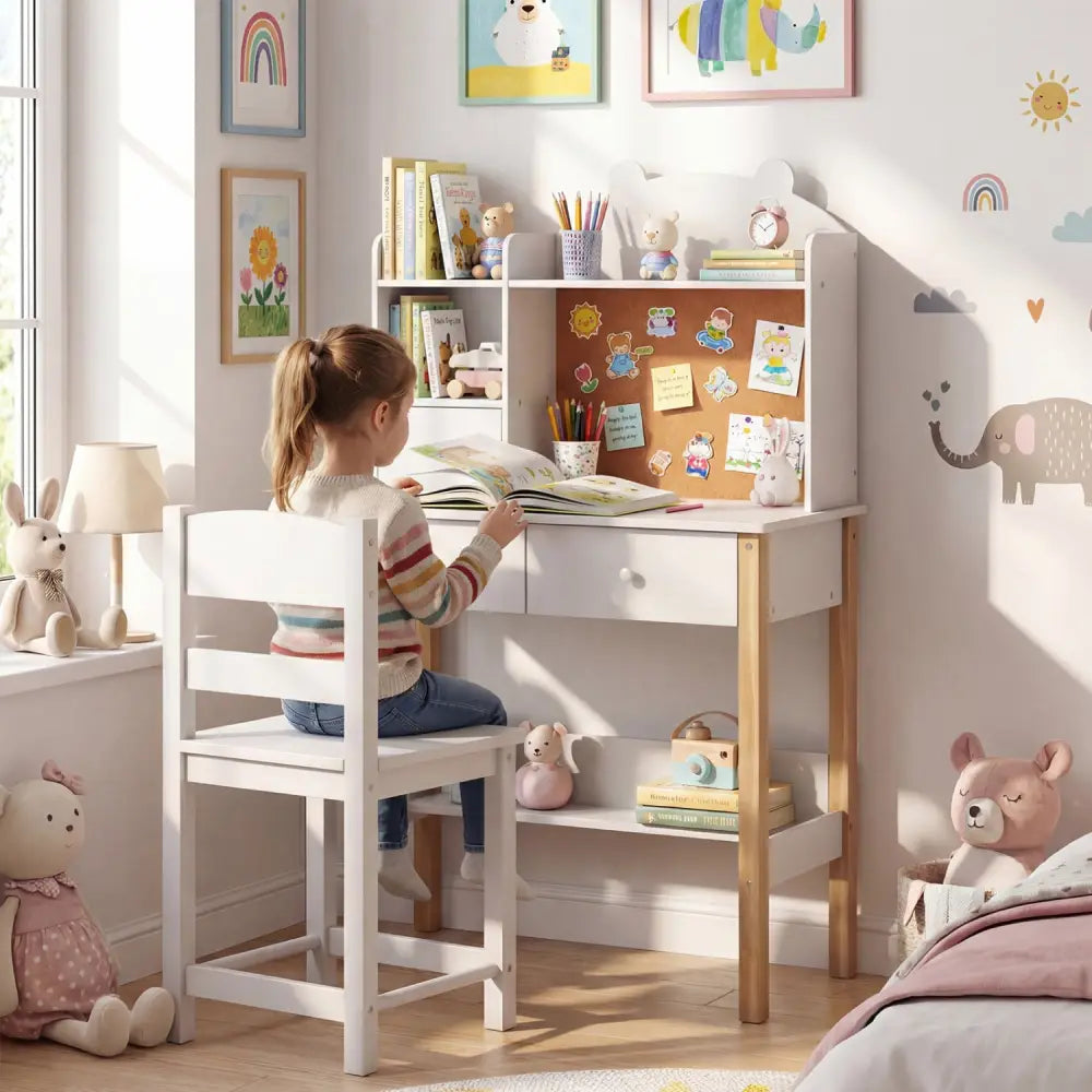 Kids Desk and Chair Set with Hutch Bulletin Board and Drawers-White - White - Kids Table & Chair Sets