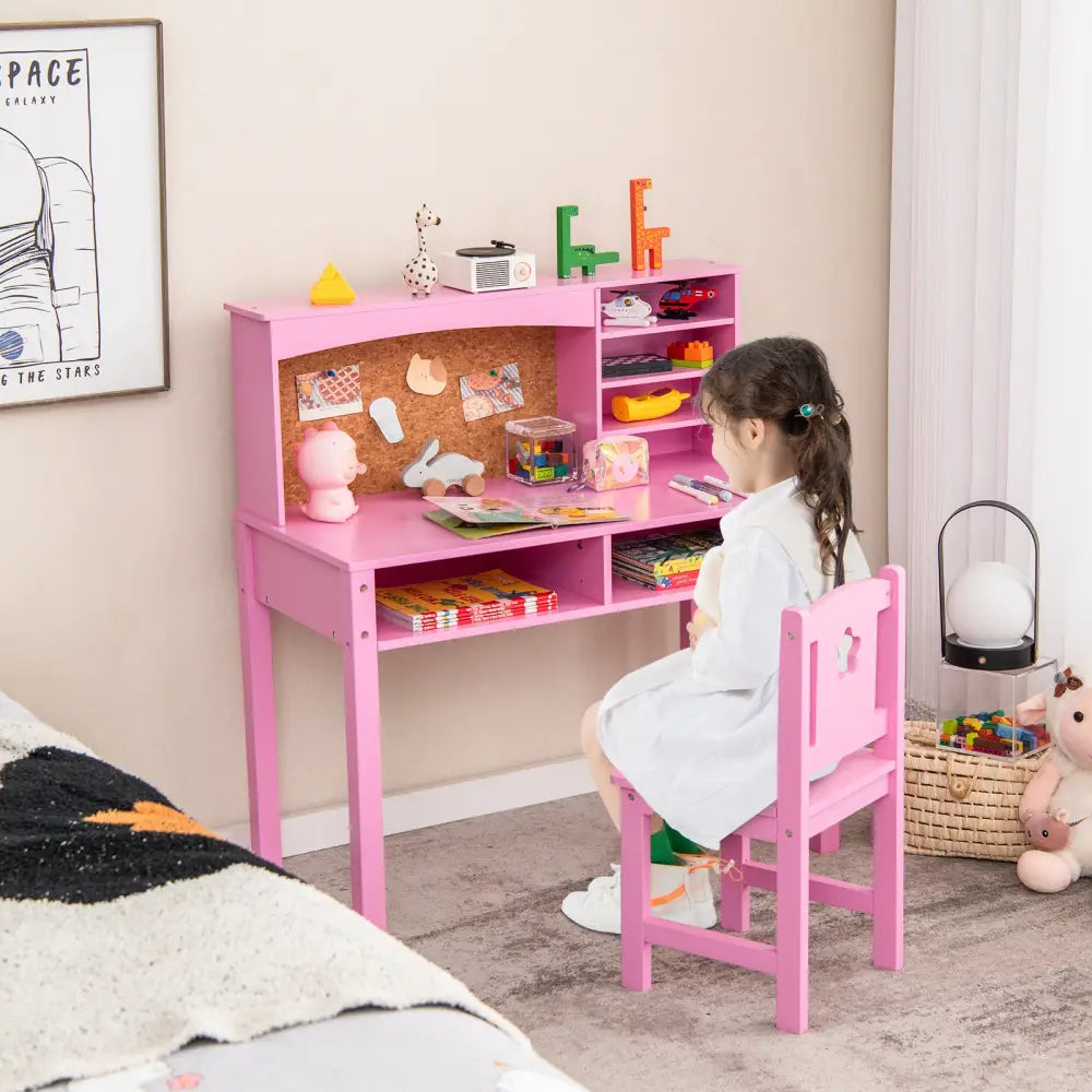 Kids Desk and Chair Set with Hutch and Bulletin Board for 3+ Kids-Pink - Pink - Kids Table & Chair Sets
