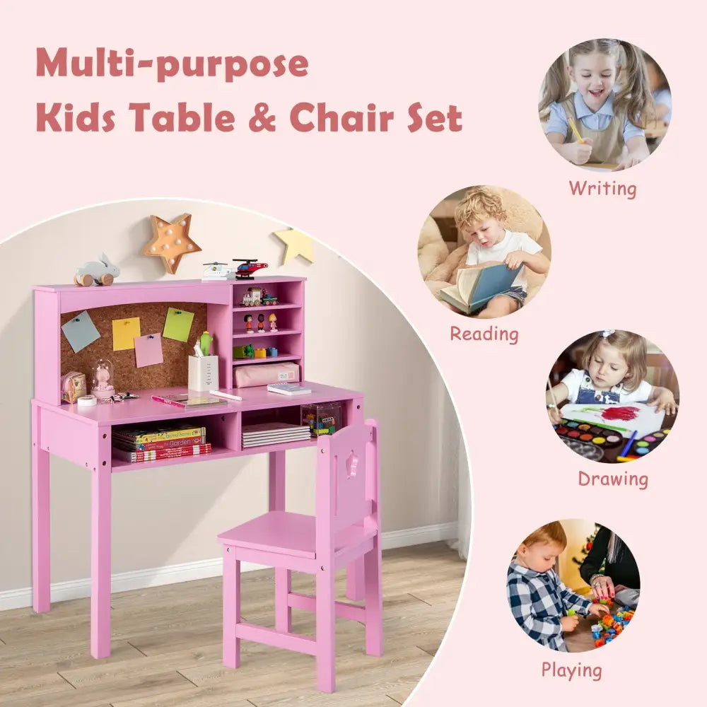 Kids Desk and Chair Set with Hutch and Bulletin Board for 3+ Kids-Pink - Pink - Kids Table & Chair Sets