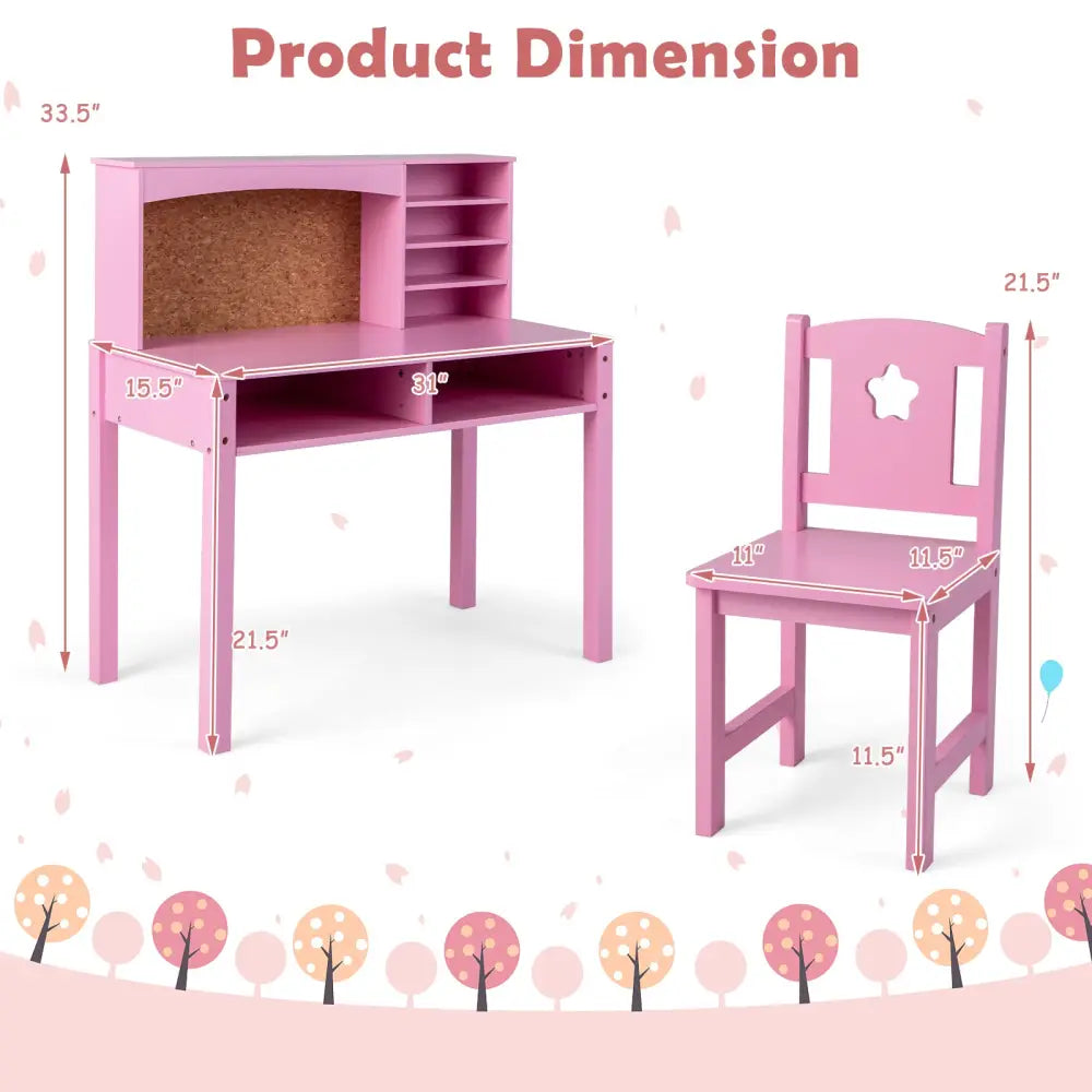 Kids Desk and Chair Set with Hutch and Bulletin Board for 3+ Kids-Pink - Pink - Kids Table & Chair Sets
