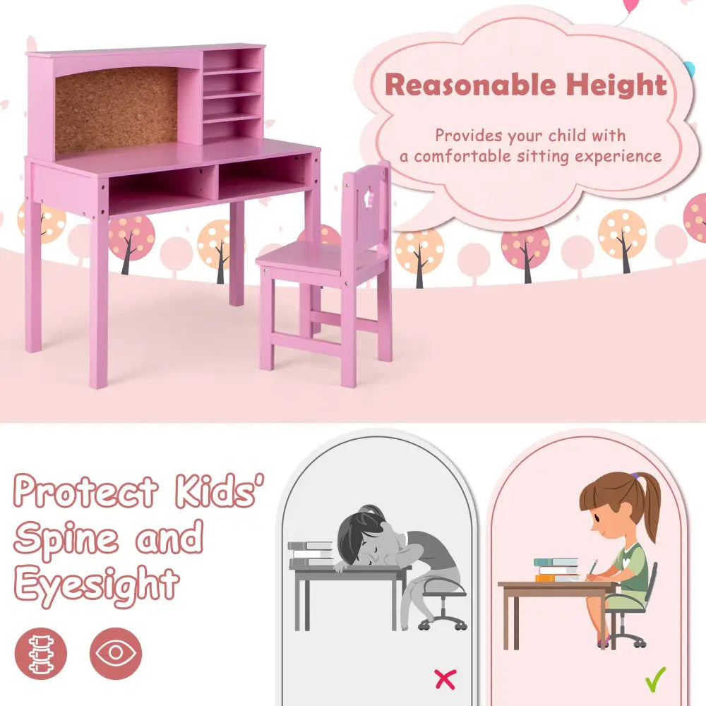 Kids Desk and Chair Set with Hutch and Bulletin Board for 3+ Kids-Pink - Pink - Kids Table & Chair Sets