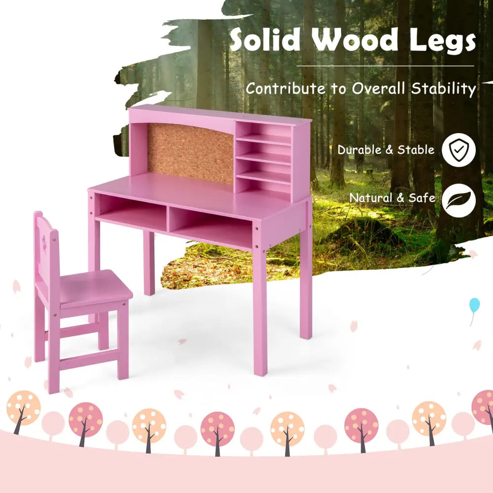 Kids Desk and Chair Set with Hutch and Bulletin Board for 3+ Kids-Pink - Pink - Kids Table & Chair Sets