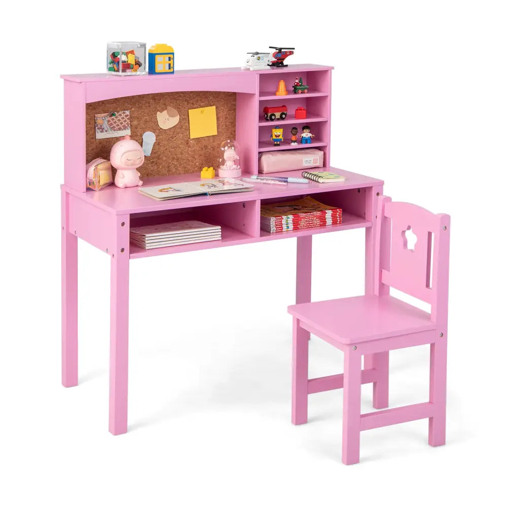 Kids Desk and Chair Set with Hutch and Bulletin Board for 3+ Kids-Pink - Pink - Kids Table & Chair Sets