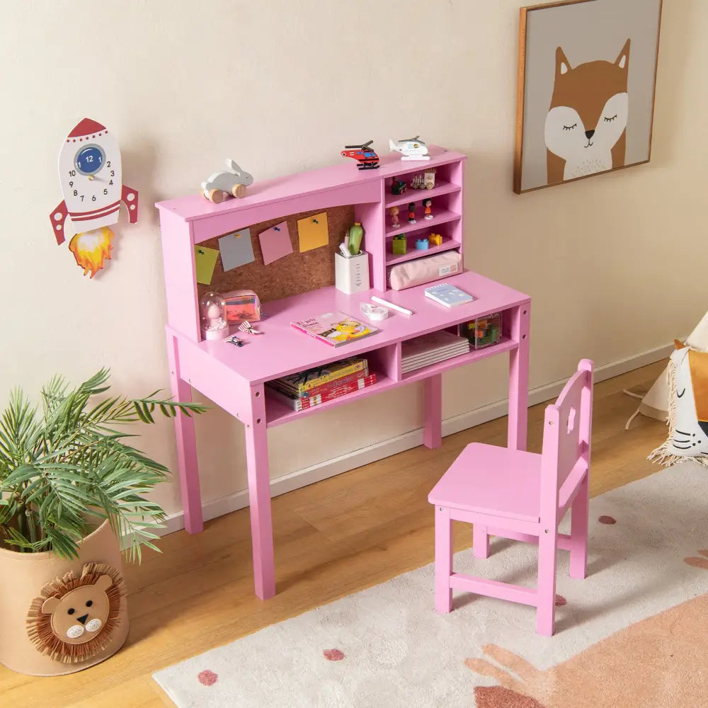 Kids Desk and Chair Set with Hutch and Bulletin Board for 3+ Kids-Pink - Pink - Kids Table & Chair Sets
