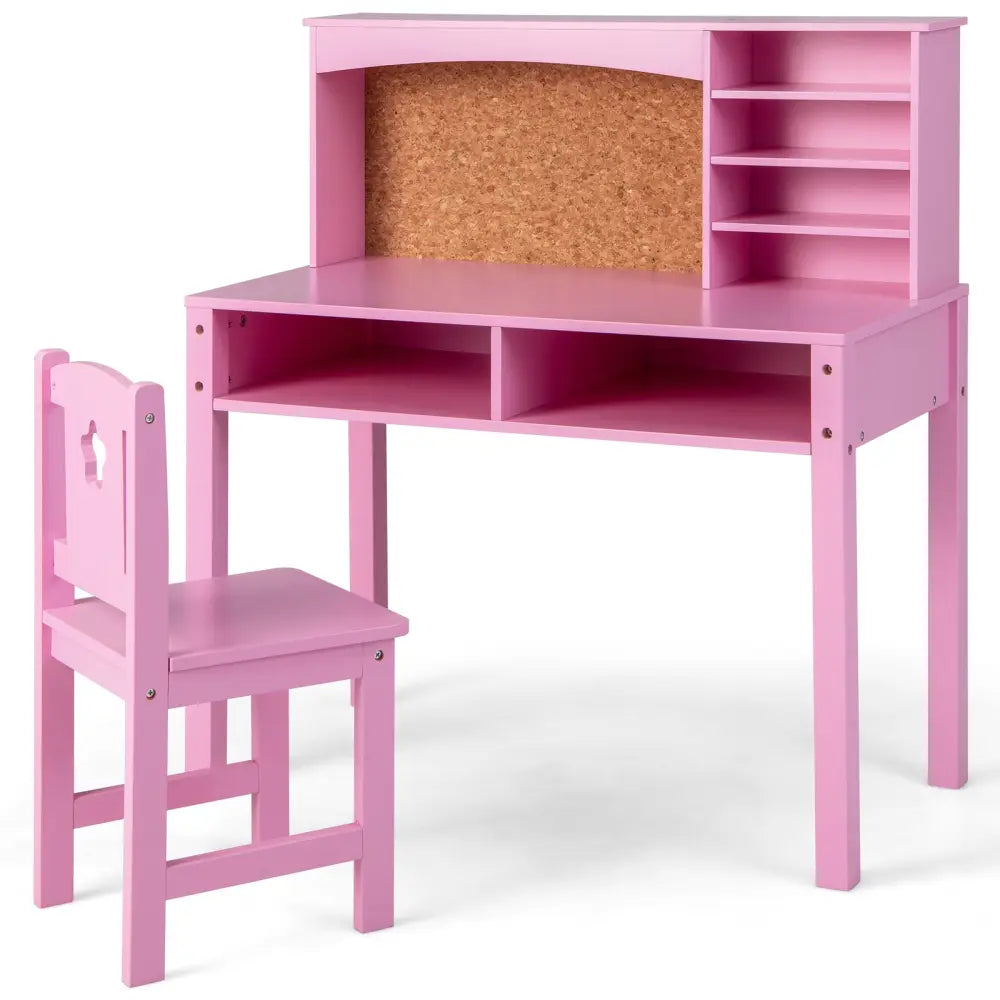 Kids Desk and Chair Set with Hutch and Bulletin Board for 3+ Kids-Pink - Pink - Kids Table & Chair Sets