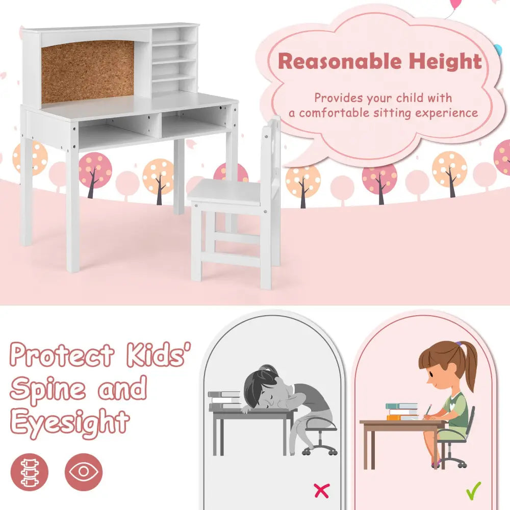 Kids Desk and Chair Set with Hutch and Bulletin Board for 3+ Kids-White - White - Kids Table & Chair Sets
