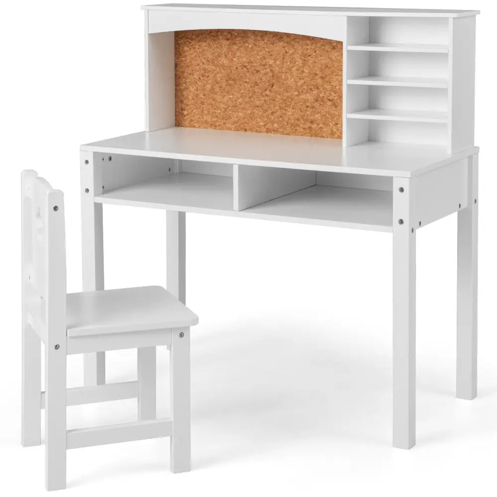 Kids Desk and Chair Set with Hutch and Bulletin Board for 3+ Kids-White - White - Kids Table & Chair Sets