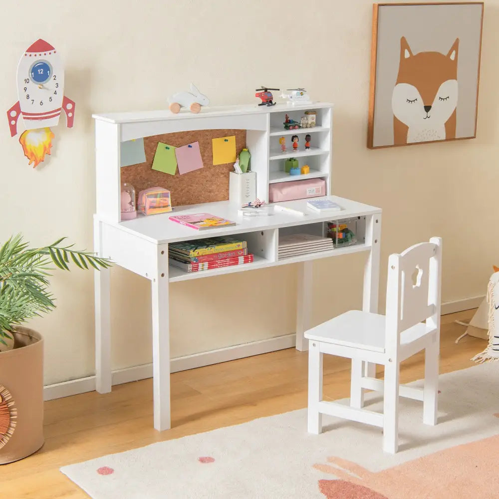 Kids Desk and Chair Set with Hutch and Bulletin Board for 3+ Kids-White - White - Kids Table & Chair Sets