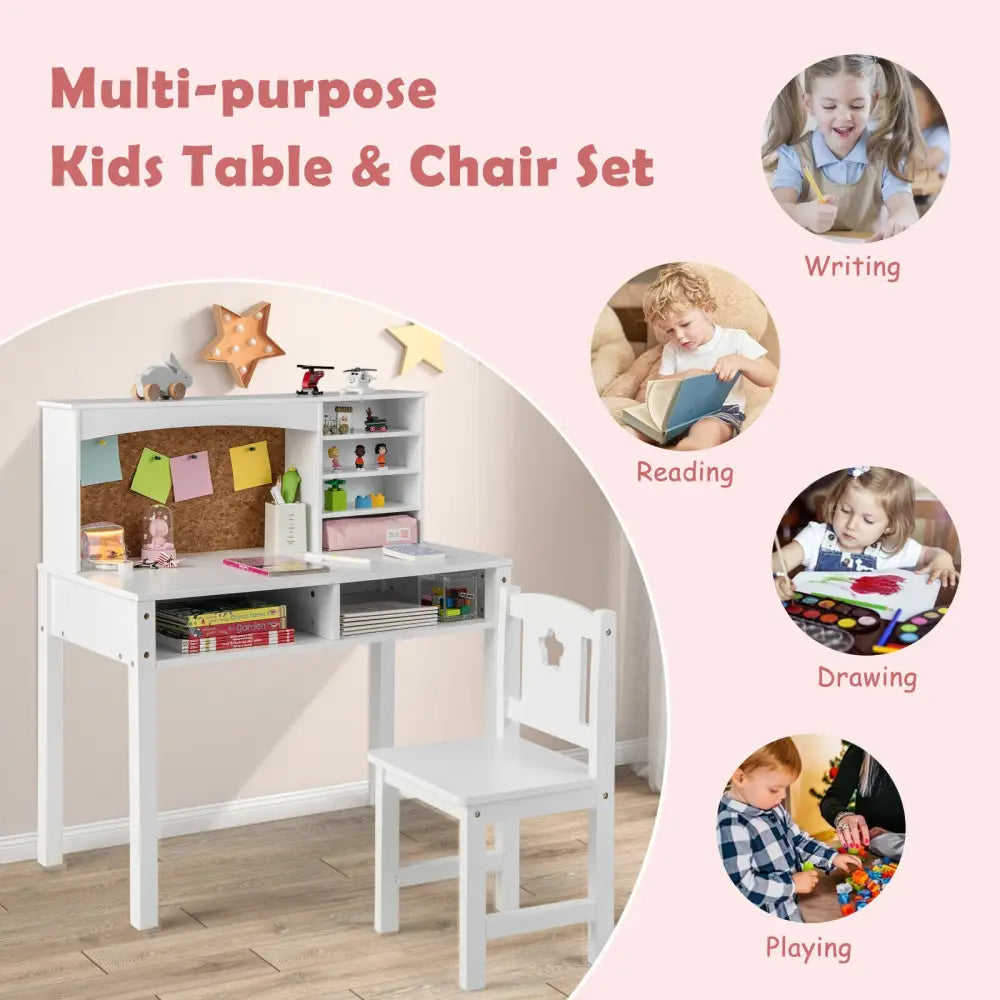 Kids Desk and Chair Set with Hutch and Bulletin Board for 3+ Kids-White - White - Kids Table & Chair Sets