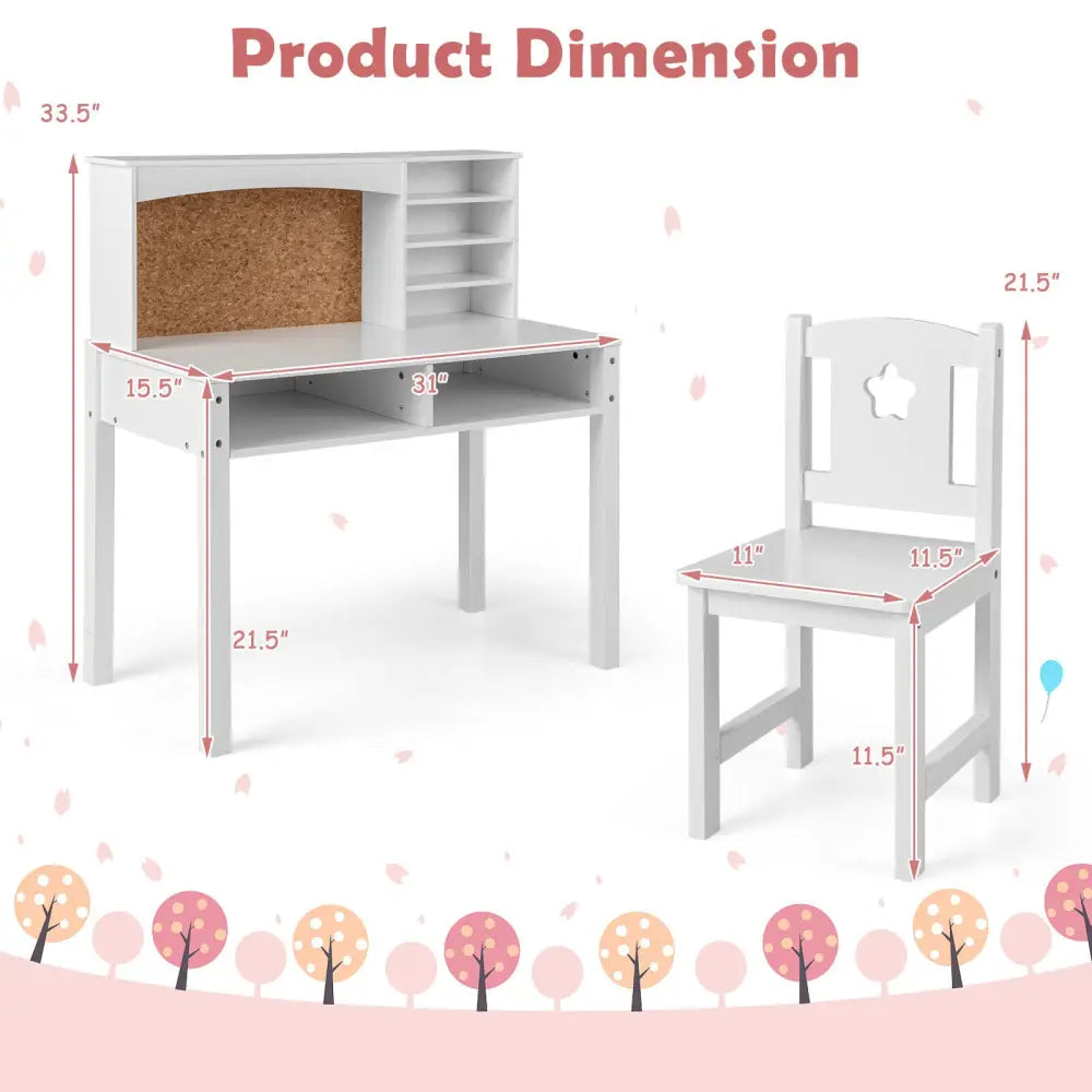 Kids Desk and Chair Set with Hutch and Bulletin Board for 3+ Kids-White - White - Kids Table & Chair Sets