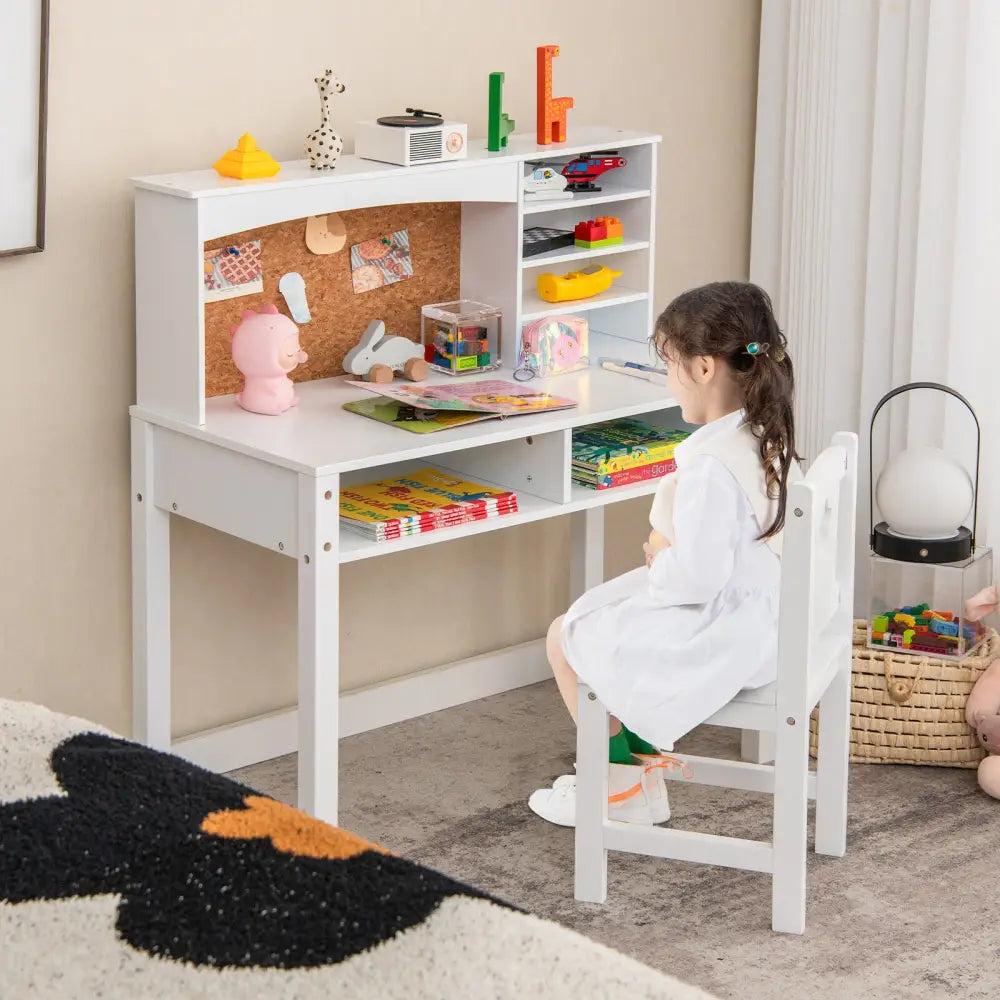 Kids Desk and Chair Set with Hutch and Bulletin Board for 3+ Kids-White - White - Kids Table & Chair Sets