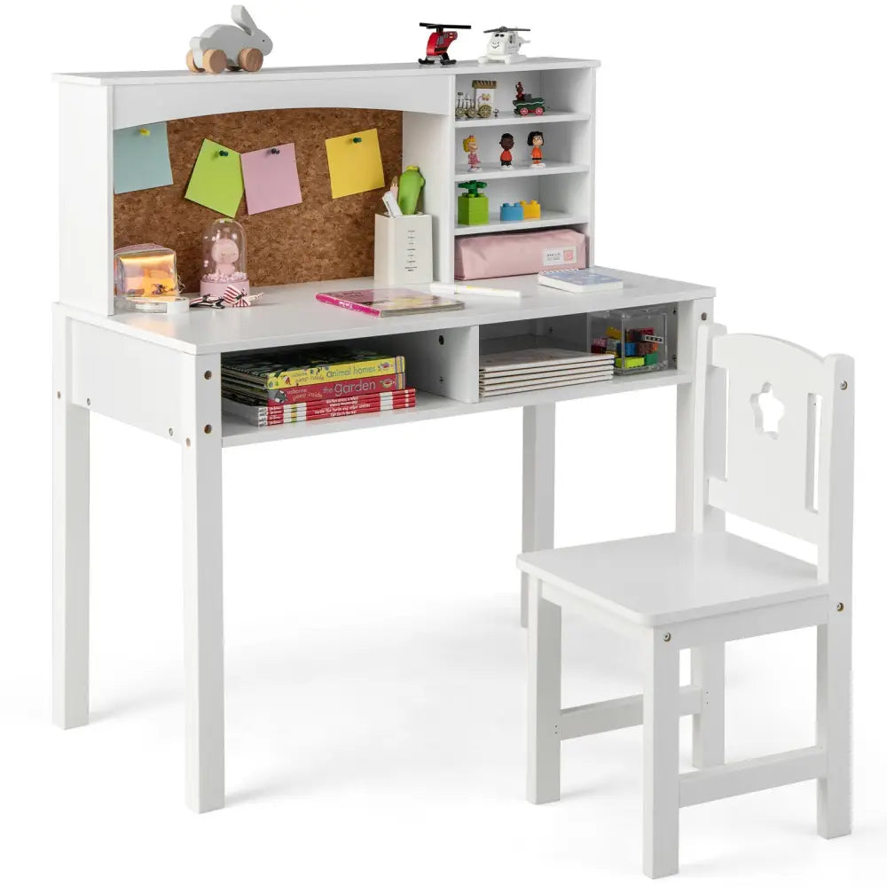 Kids Desk and Chair Set with Hutch and Bulletin Board for 3+ Kids-White - White - Kids Table & Chair Sets