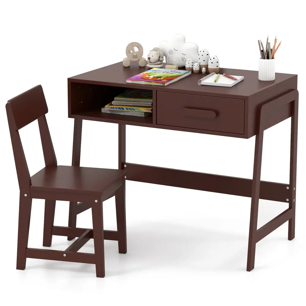 Kids Desk and Chair Set with Storage Drawer and Hutch-Brown - Brown - Kids Table & Chair Sets