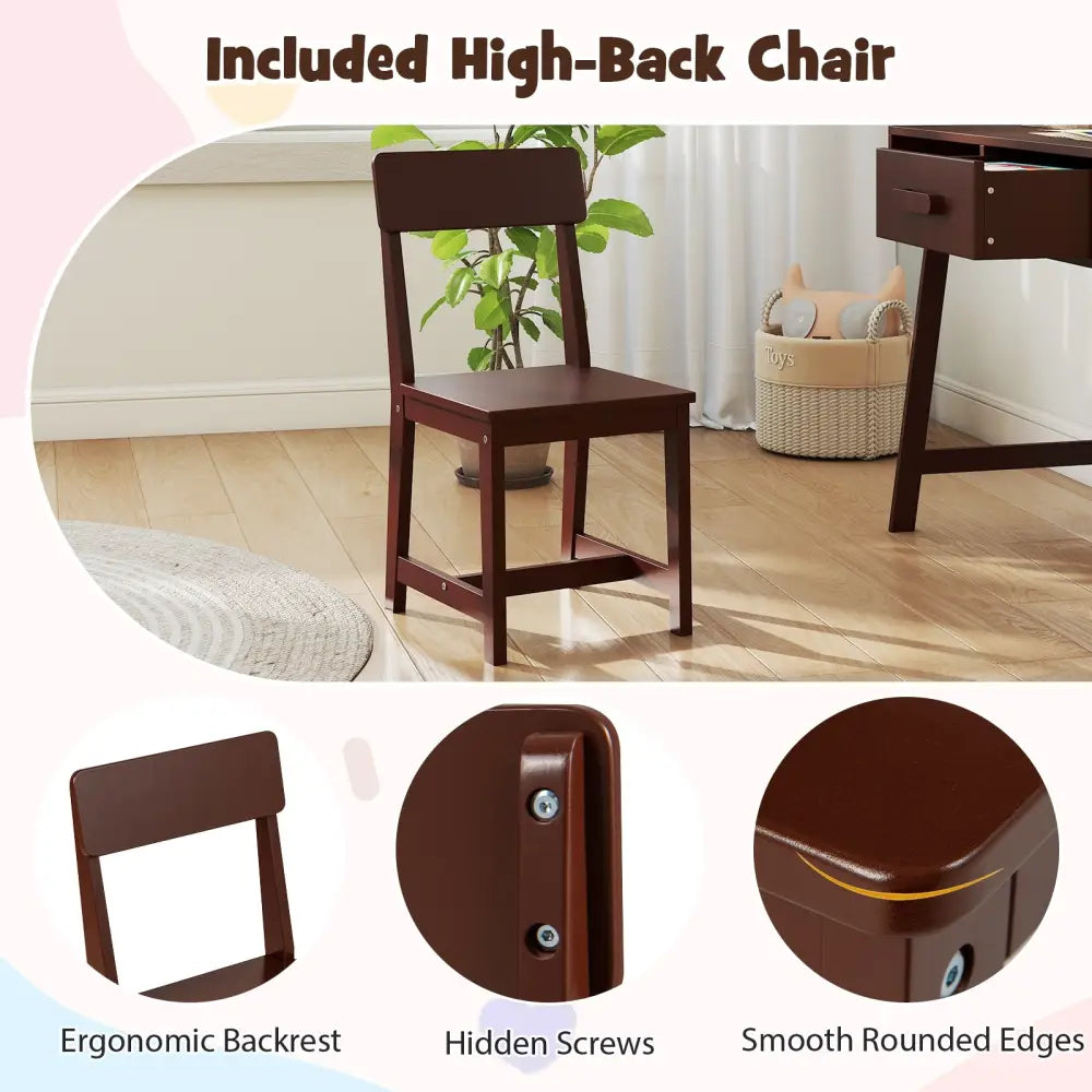 Kids Desk and Chair Set with Storage Drawer and Hutch-Brown - Brown - Kids Table & Chair Sets