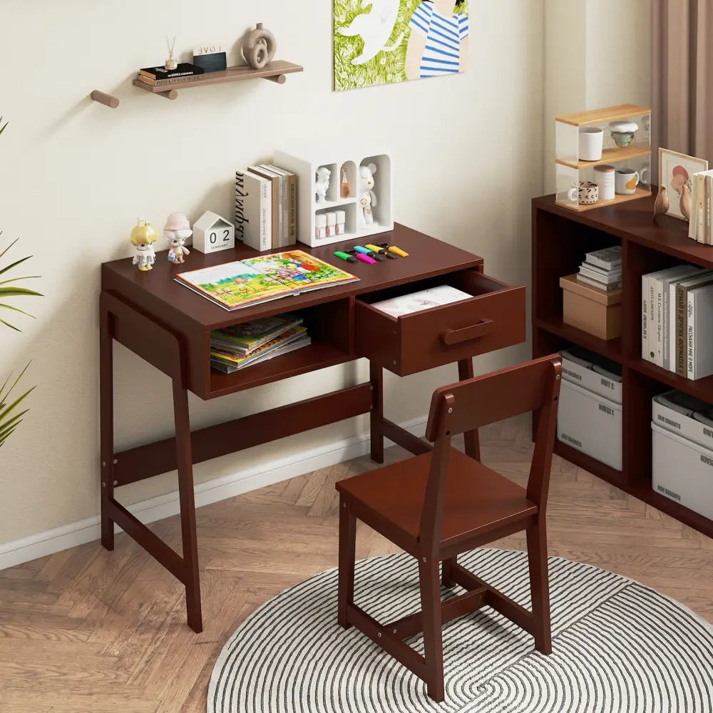Kids Desk and Chair Set with Storage Drawer and Hutch-Brown - Brown - Kids Table & Chair Sets
