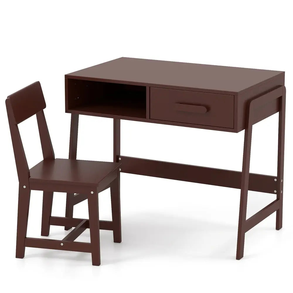 Kids Desk and Chair Set with Storage Drawer and Hutch-Brown - Brown - Kids Table & Chair Sets