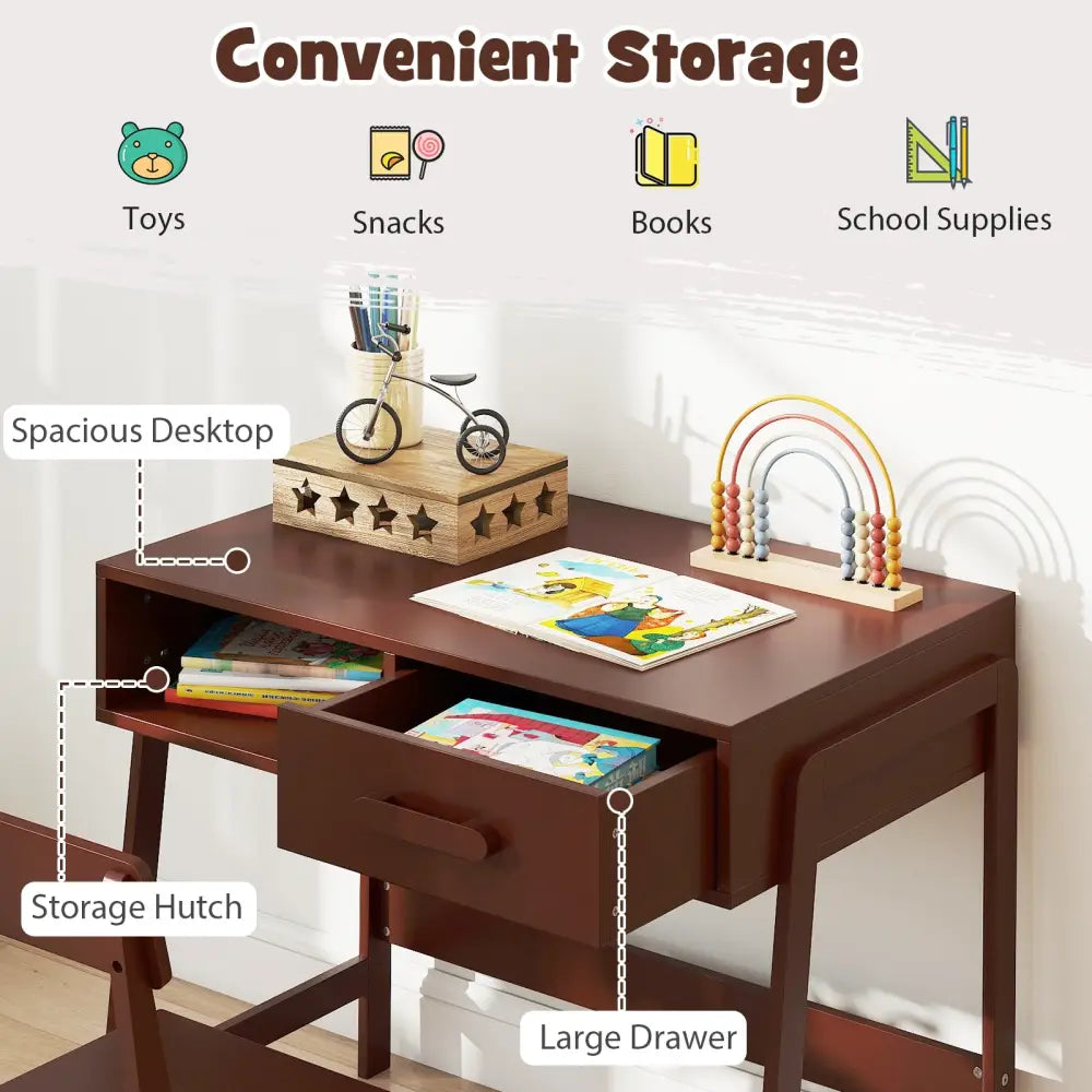 Kids Desk and Chair Set with Storage Drawer and Hutch-Brown - Brown - Kids Table & Chair Sets