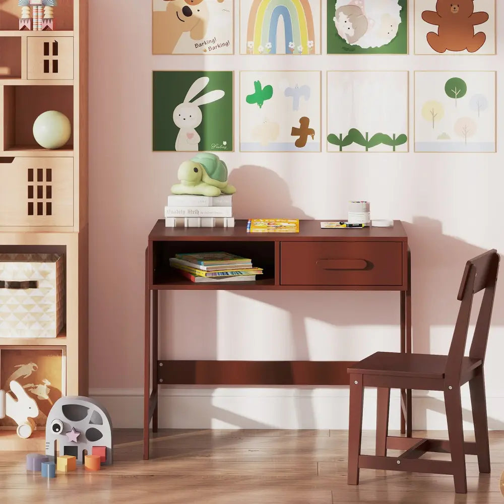 Kids Desk and Chair Set with Storage Drawer and Hutch-Brown - Brown - Kids Table & Chair Sets