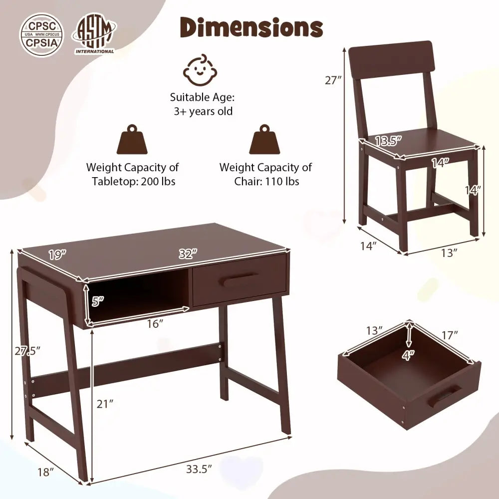 Kids Desk and Chair Set with Storage Drawer and Hutch-Brown - Brown - Kids Table & Chair Sets