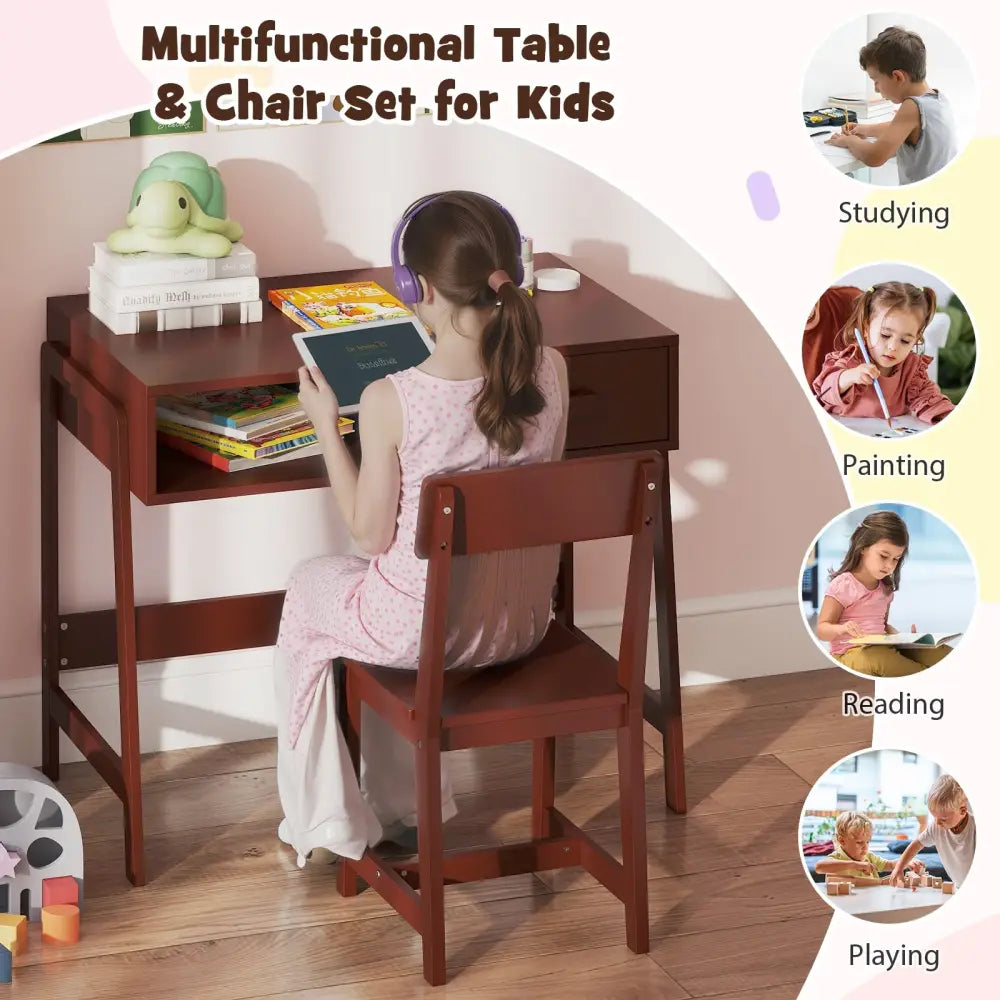 Kids Desk and Chair Set with Storage Drawer and Hutch-Brown - Brown - Kids Table & Chair Sets