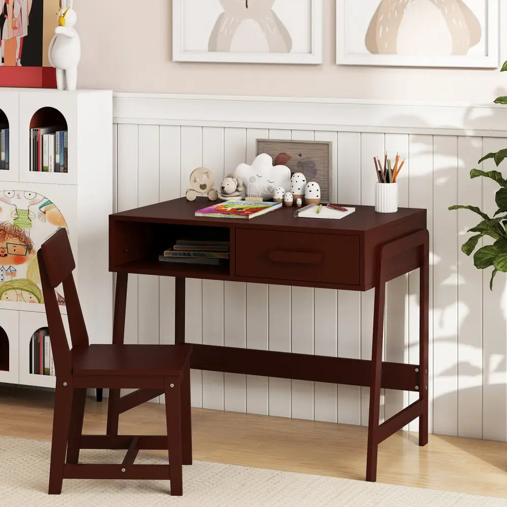 Kids Desk and Chair Set with Storage Drawer and Hutch-Brown - Brown - Kids Table & Chair Sets