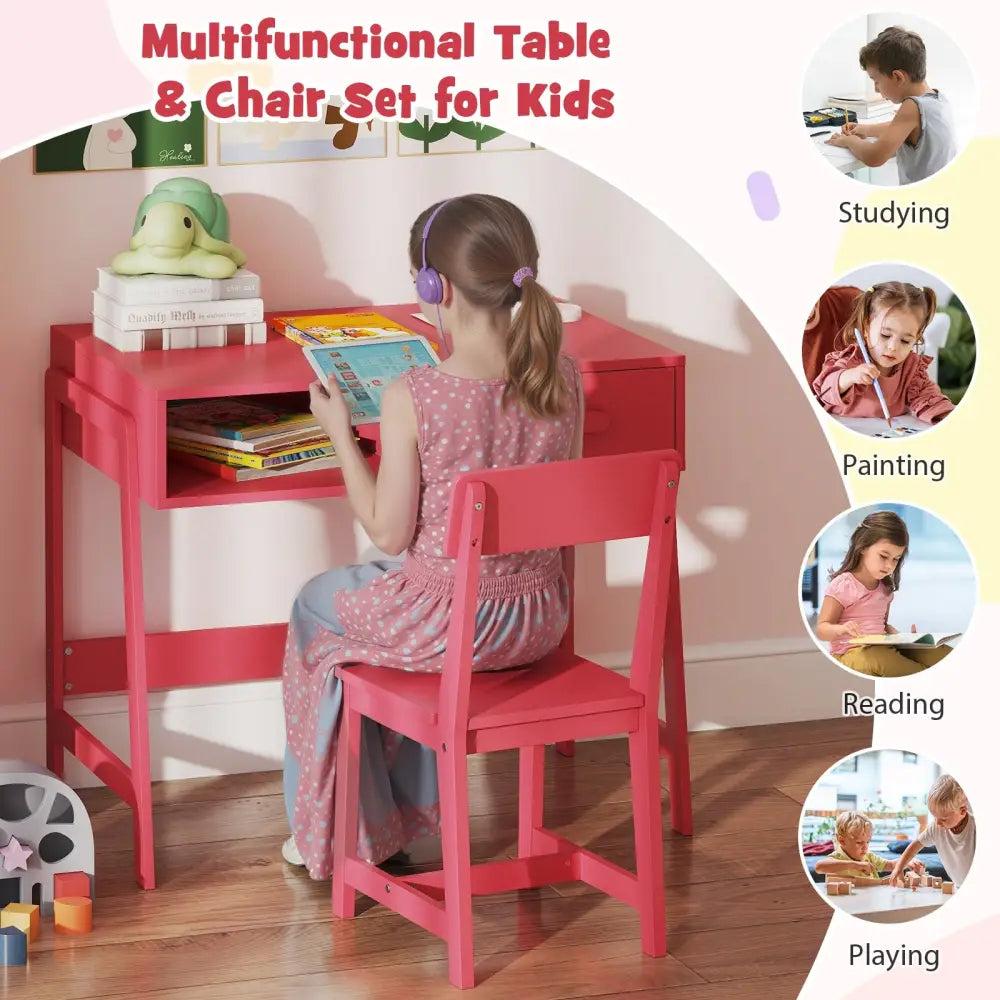 Kids Desk and Chair Set with Storage Drawer and Hutch-Pink - Pink - Kids Table & Chair Sets