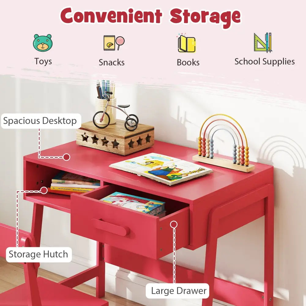 Kids Desk and Chair Set with Storage Drawer and Hutch-Pink - Pink - Kids Table & Chair Sets
