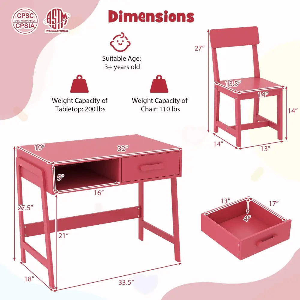 Kids Desk and Chair Set with Storage Drawer and Hutch-Pink - Pink - Kids Table & Chair Sets