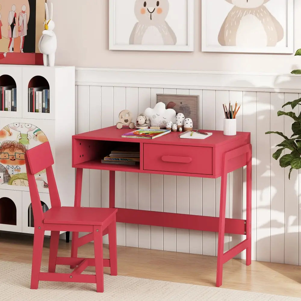 Kids Desk and Chair Set with Storage Drawer and Hutch-Pink - Pink - Kids Table & Chair Sets