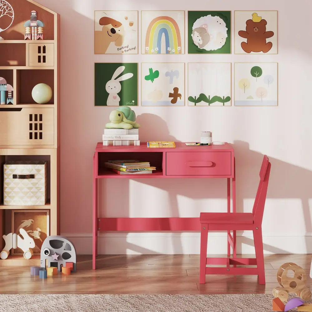Kids Desk and Chair Set with Storage Drawer and Hutch-Pink - Pink - Kids Table & Chair Sets