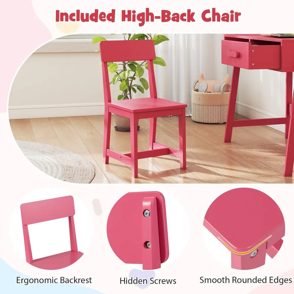 Kids Desk and Chair Set with Storage Drawer and Hutch-Pink - Pink - Kids Table & Chair Sets