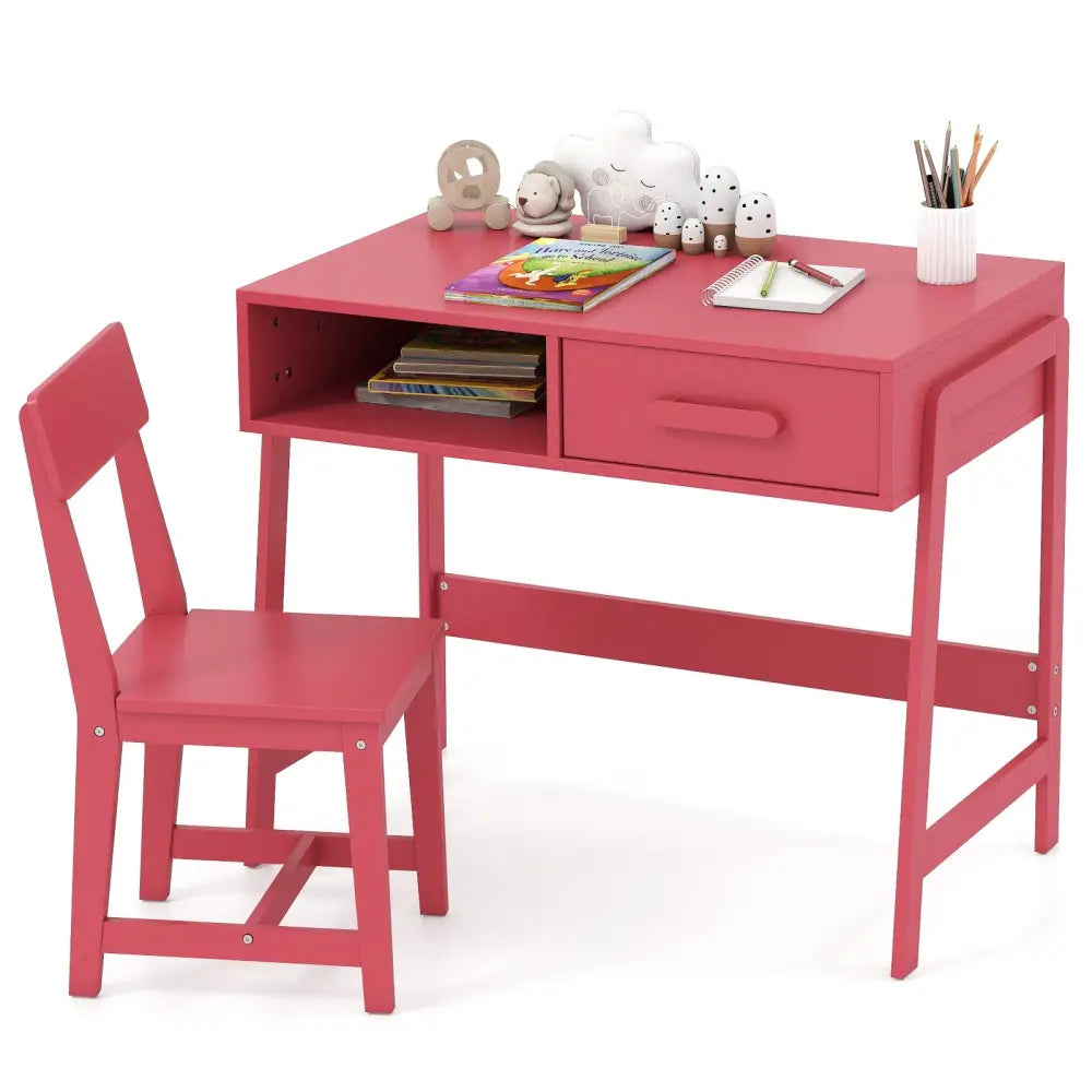 Kids Desk and Chair Set with Storage Drawer and Hutch-Pink - Pink - Kids Table & Chair Sets