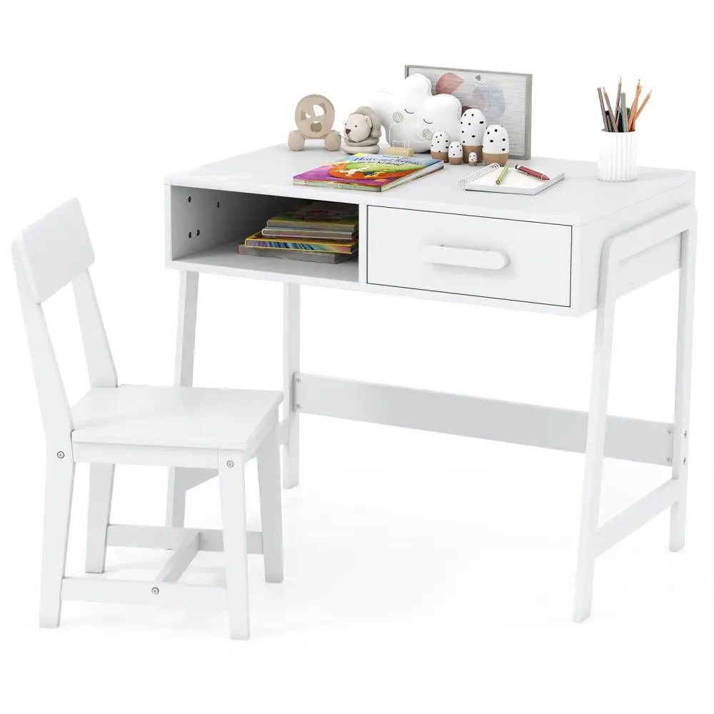 Kids Desk and Chair Set with Storage Drawer and Hutch-White - White - Kids Table & Chair Sets