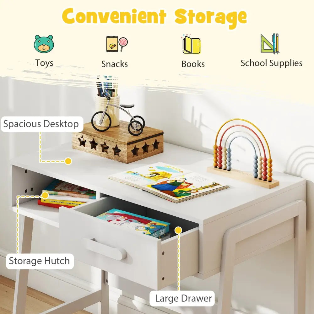 Kids Desk and Chair Set with Storage Drawer and Hutch-White - White - Kids Table & Chair Sets