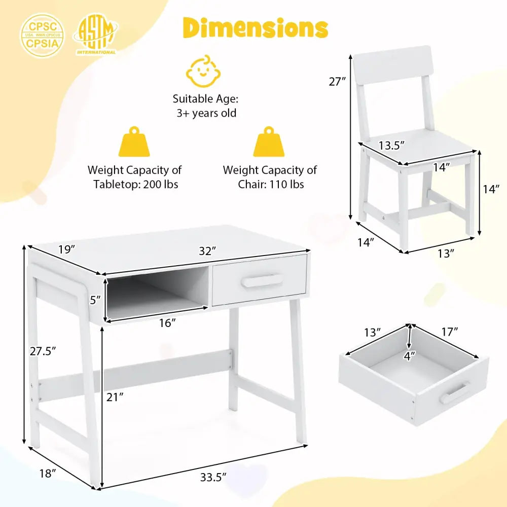Kids Desk and Chair Set with Storage Drawer and Hutch-White - White - Kids Table & Chair Sets
