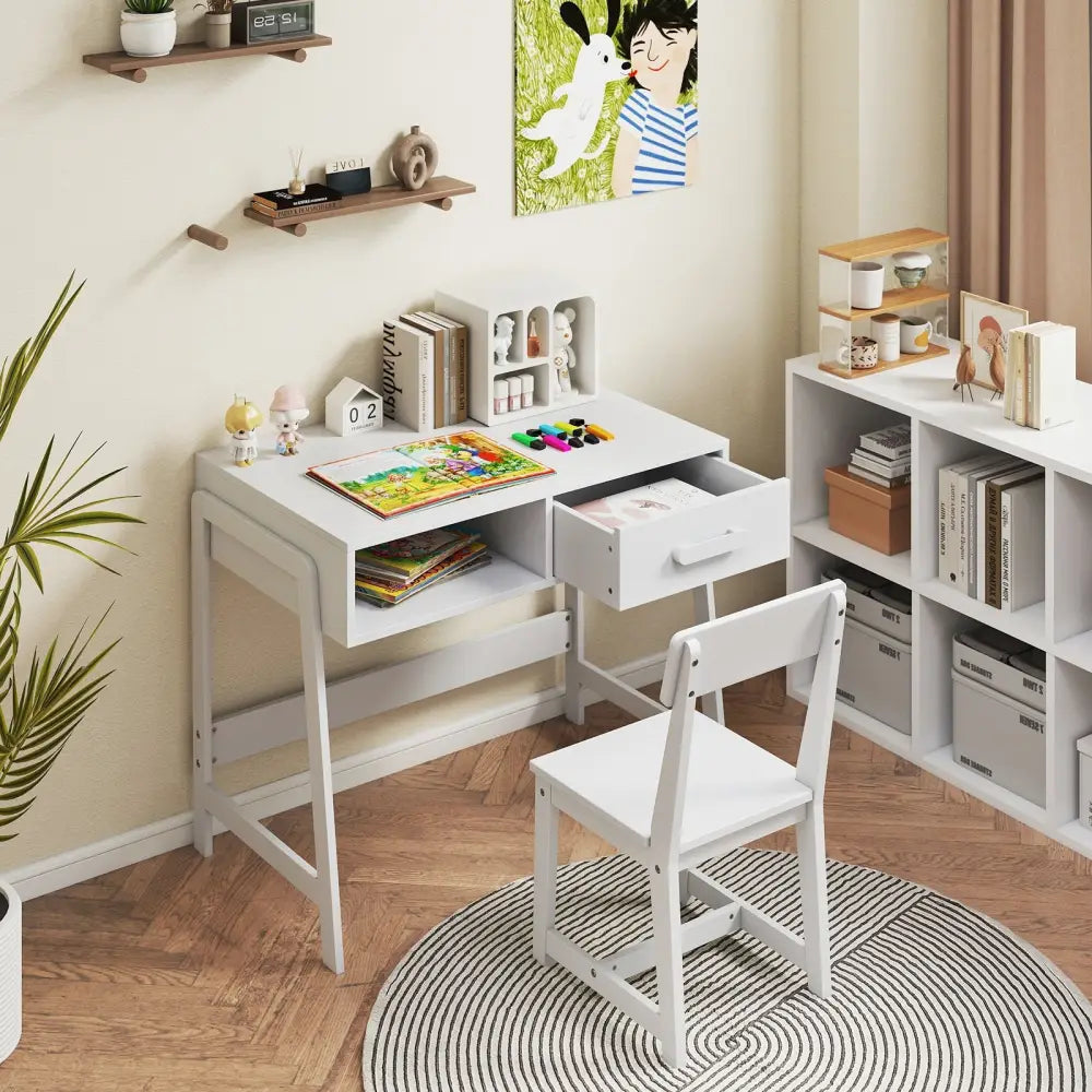 Kids Desk and Chair Set with Storage Drawer and Hutch-White - White - Kids Table & Chair Sets