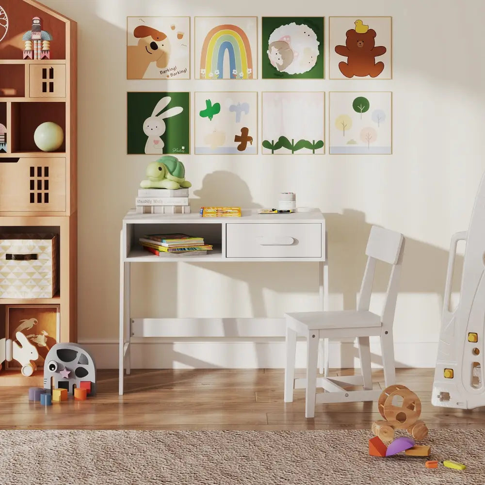 Kids Desk and Chair Set with Storage Drawer and Hutch-White - White - Kids Table & Chair Sets