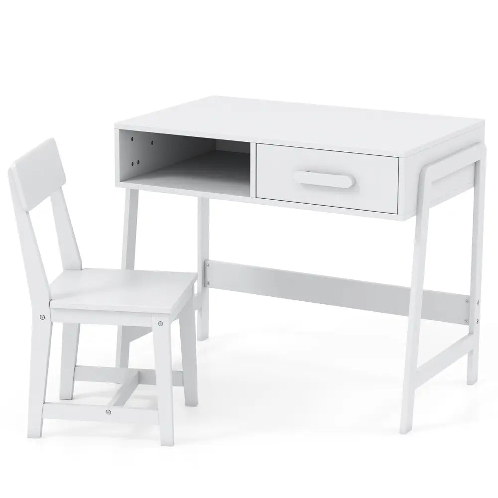 Kids Desk and Chair Set with Storage Drawer and Hutch-White - White - Kids Table & Chair Sets