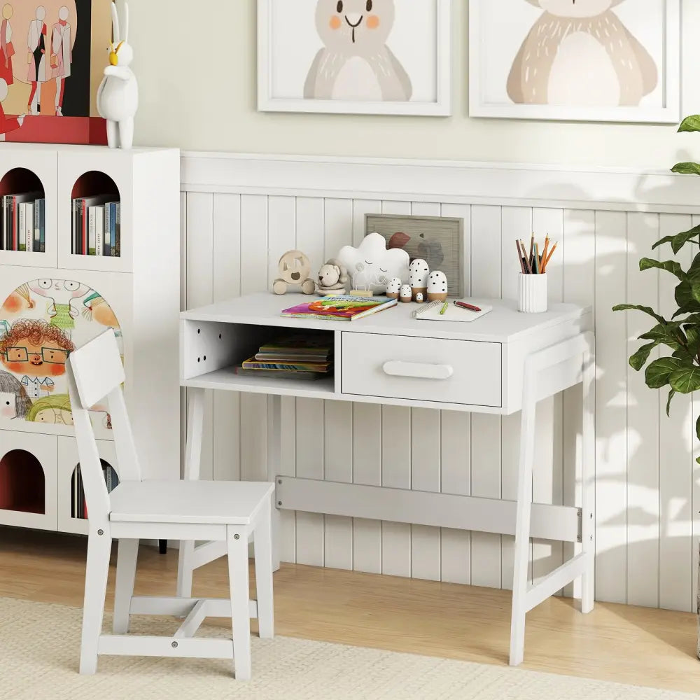 Kids Desk and Chair Set with Storage Drawer and Hutch-White - White - Kids Table & Chair Sets