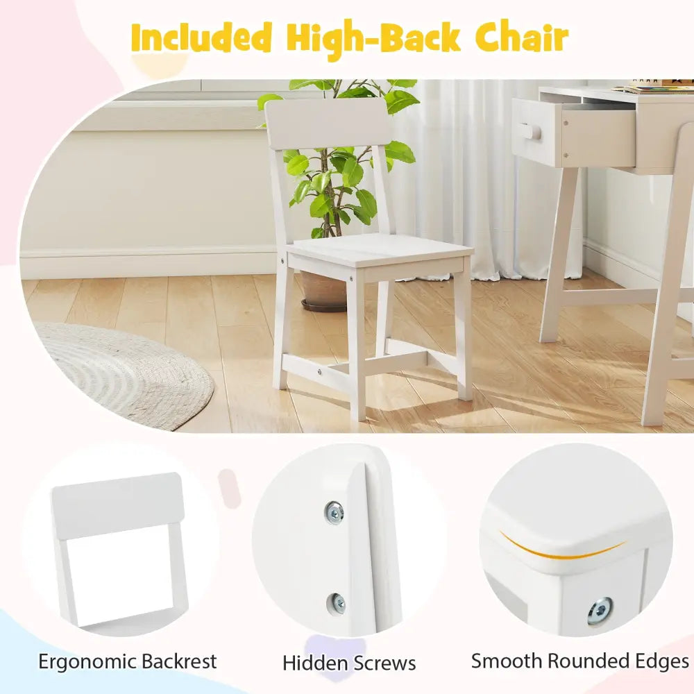 Kids Desk and Chair Set with Storage Drawer and Hutch-White - White - Kids Table & Chair Sets