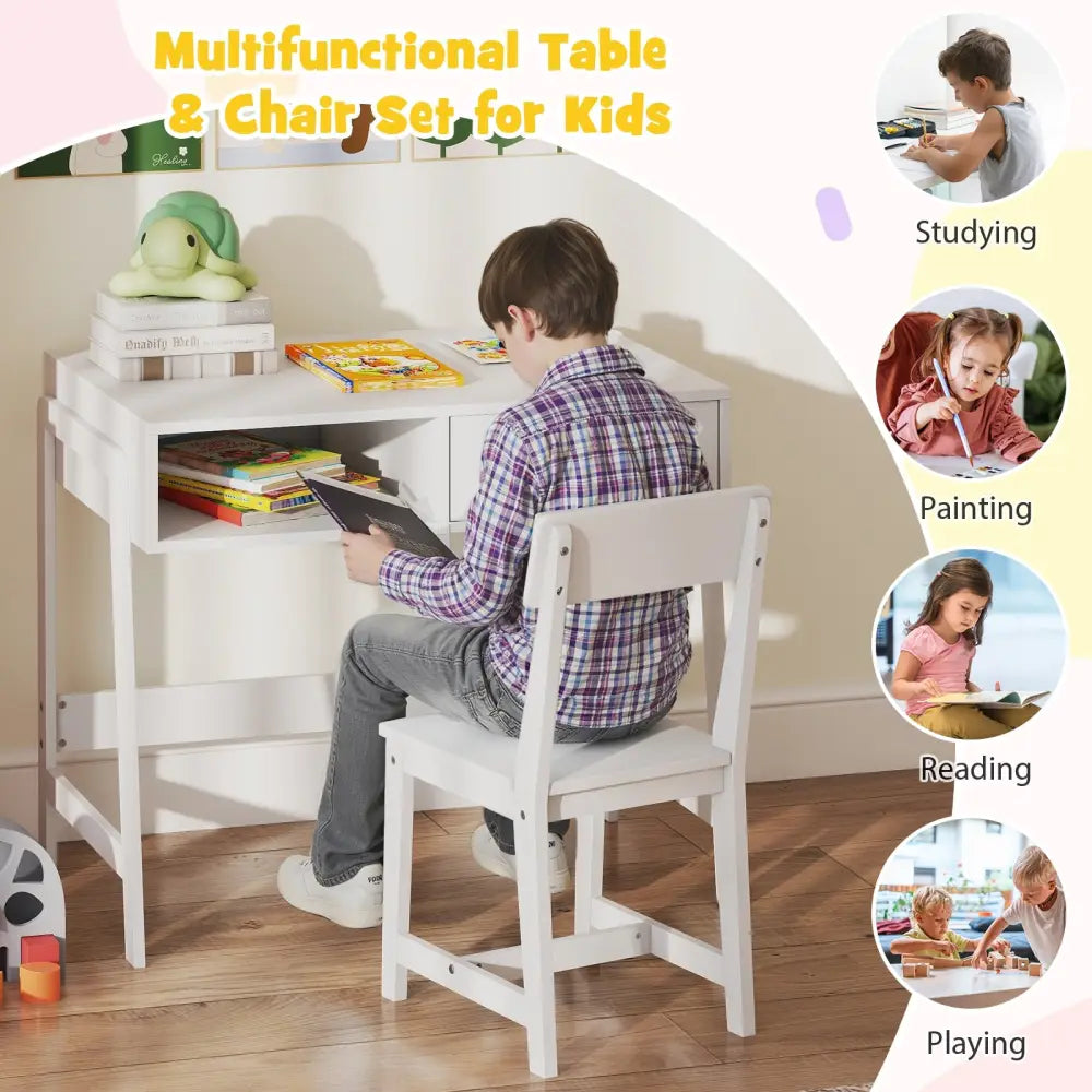 Kids Desk and Chair Set with Storage Drawer and Hutch-White - White - Kids Table & Chair Sets