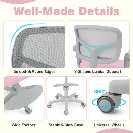 Kids Desk Chair Children Study Chair with Adjustable Height Armrest and Footrest-Pink - Pink - Kids Chairs & Seating