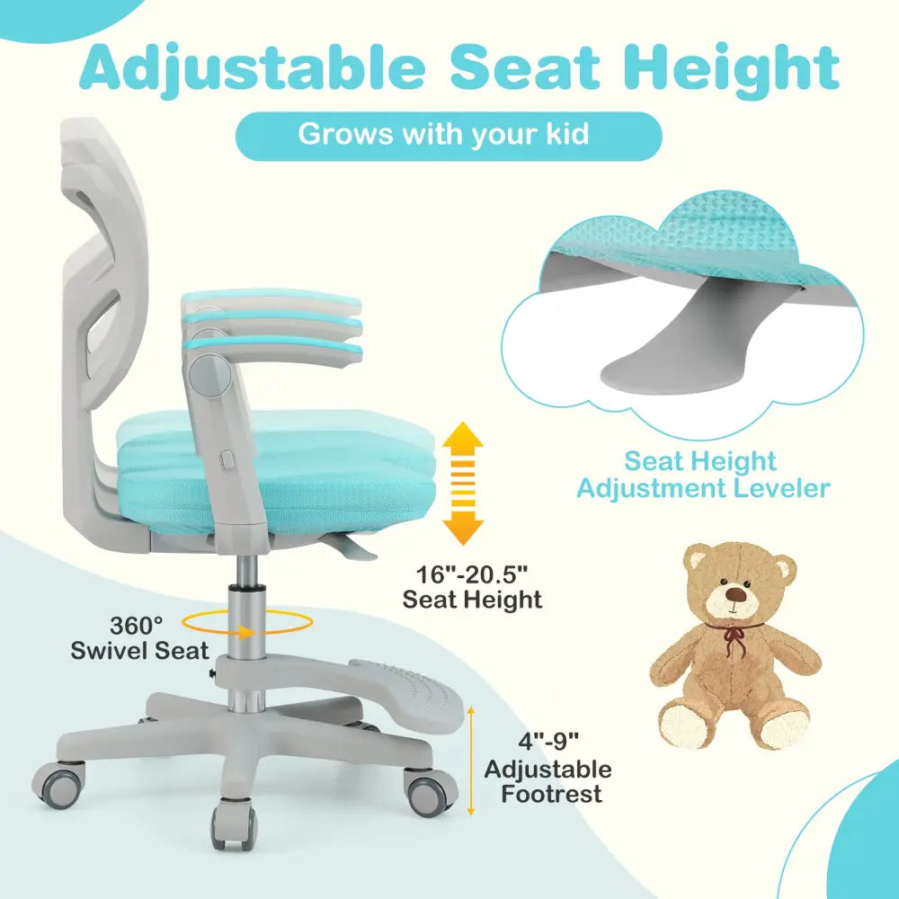 Kids Desk Chair Children Study Chair with Adjustable Height Armrest and Footrest-Green - Green - Kids Chairs & Seating