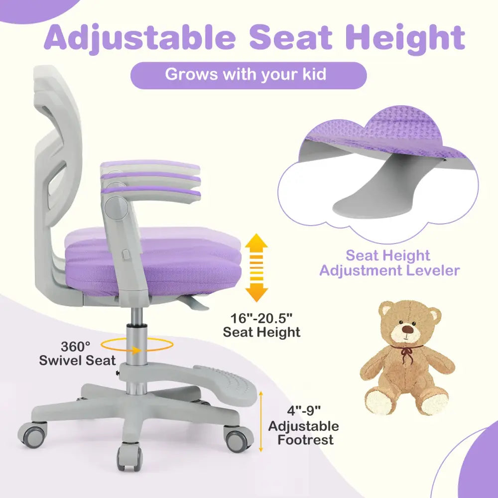 Kids Desk Chair Children Study Chair with Adjustable Height Armrest and Footrest-Purple - Purple - Kids Chairs & Seating