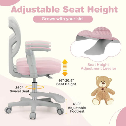 Kids Desk Chair Children Study Chair with Adjustable Height Armrest and Footrest-Pink - Pink - Kids Chairs & Seating