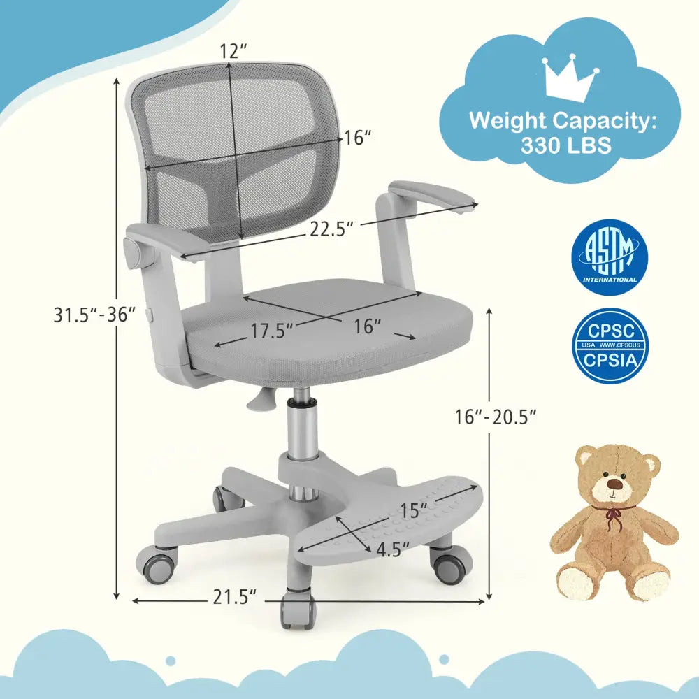Kids Desk Chair Children Study Chair with Adjustable Height Armrest and Footrest-Grey - Gray - Kids Chairs & Seating